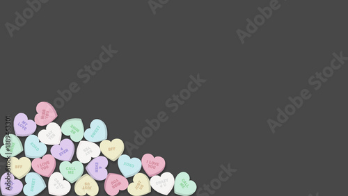 Pastel Candy Hearts Pile Valentine Background with Love Messages on Grey