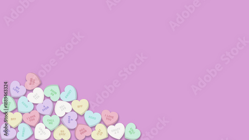 Pastel Candy Hearts Pile Valentine Background with Love Messages on Purple