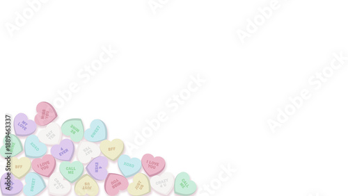 Pastel Candy Hearts Pile Valentine Background with Love Messages on White