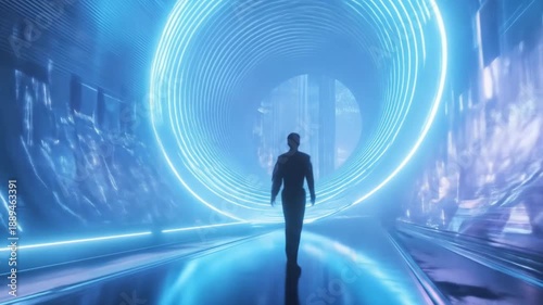 Silhouette walking toward a futuristic portal in a digital environment
