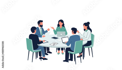 Five diverse business professionals collaborating around a round table in a meeting, discussing strategies and ideas.