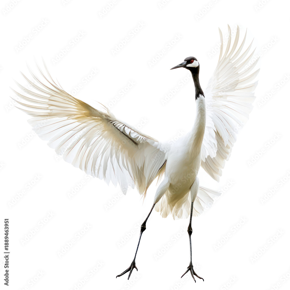Fototapeta premium Crane dancing A crane performs an elegant display, hopping and bowing with wings spread. full length isolate on transparent background