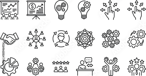 Outline business strategy icons set showing teamwork analytics innovation collaboration management growth leadership vector illustration modern ui design collection concept