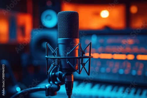 large diaphragm condenser microphone in shock mount with cable in a dim recording studio, blurred mixing console, keyboard and monitor speaker in moody blue and orange lighting