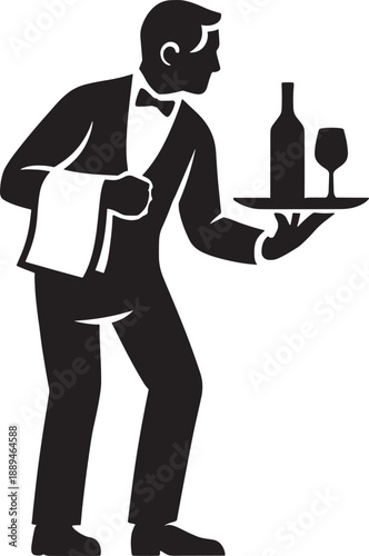 Professional Butler Waiter Silhouette Icon Carrying Tray with Wine Bottle and Glass for Restaurant Hospitality Fine Dining Service and Catering Graphic
