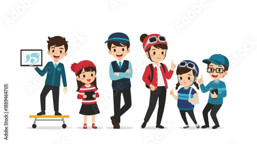 Diverse group of cartoon young people and children with various hobbies and technology.