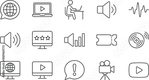 Outline multimedia communication icons set for online streaming audio video work education interface symbols modern vector design collection web ui