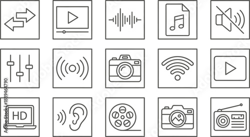 Outline multimedia control icons set for audio video playback recording streaming connectivity camera sound technology interface design modern vector collection