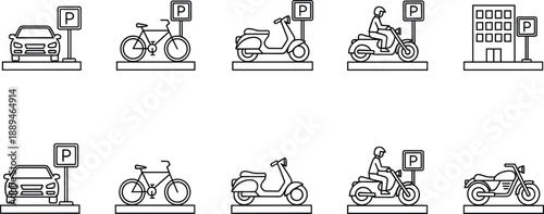 Parking icons set with car bicycle scooter motorcycle urban building sign transportation vector illustration outline design