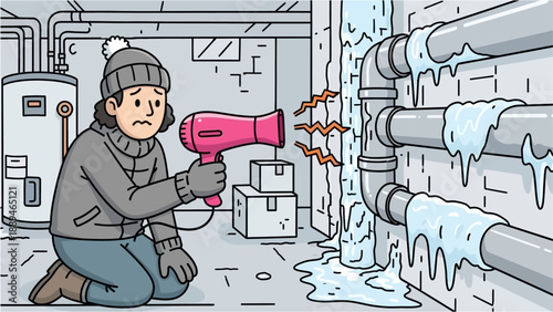 A worried person uses a hairdryer to thaw burst frozen pipes in a cold basement.