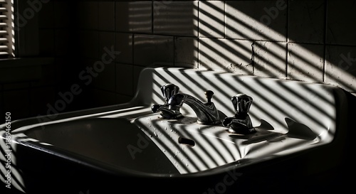 Dramatic Light Play on a Vintage Bathroom Sink with Striped Shadows