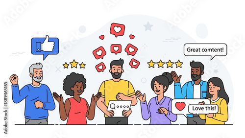 Diverse group of people giving and receiving feedback, reviews, and social media engagement with likes, hearts, and star ratings.