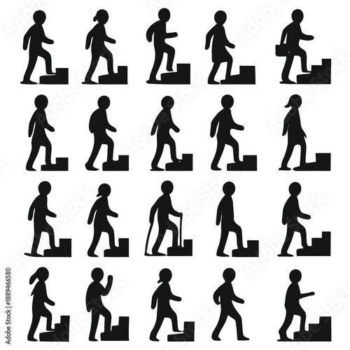 Silhouettes of people ascending and descending stairs depicting movement and various poses