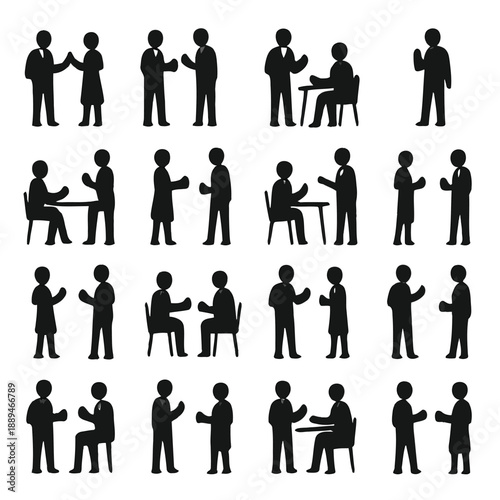Silhouettes depicting diverse interactions between people meetings conversations and companionship high quality professional