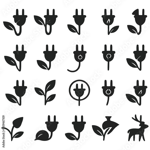 A collection of black silhouettes depicting electrical plugs blended with leafy plant forms