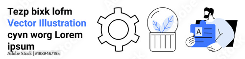 Gear symbol, terrarium with plant, and man holding document suggest industrial design, growth, and structure. Ideal for innovation, engineering, sustainability, technology strategy education