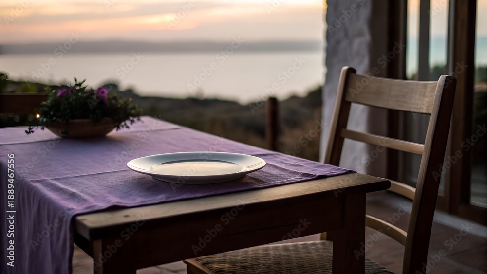 Obraz premium Minimal table with a plate on a terrace overlooking the sea at sunset. Calm lifestyle scene for banners, advertising, travel websites, restaurants, hotels and atmospheric editorial design.
