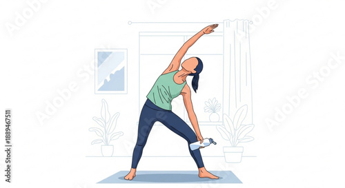 Woman stretching on yoga mat in living room with plants and artwork