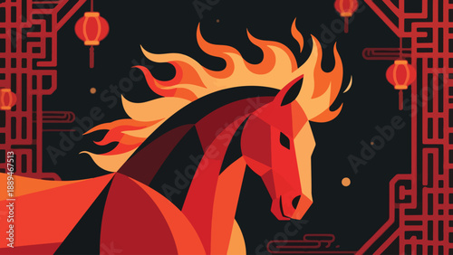 Illustration Of Fire Horse Calm Pose With Glowing Fire Mane, Elegant Chinese New Year Background Vector Design Template