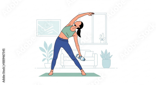 Woman stretching on yoga mat in living room with water bottle