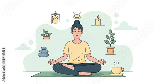 Woman meditating in lotus position with plants and candles around her