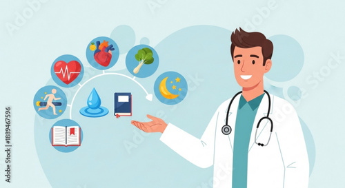 Doctor presenting digital health icons and wellness concepts with stethoscope