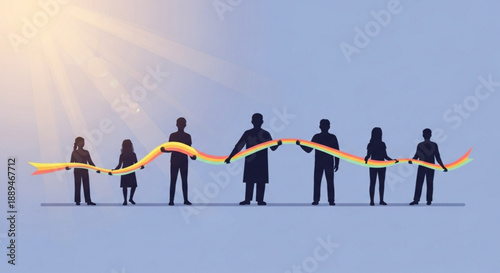 Diverse group of people holding colorful connected ribbons in sunny gradient background