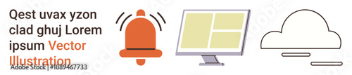 Online communication, digital alert, technology interface, cloud storage, internet notifications, data management. Bell icon, computer screen and cloud graphic. Online communication and digital