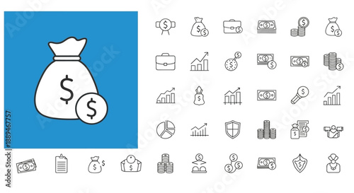 Illustrative collection of financial icons depicting money bags currency charts and various business related symbols in line art