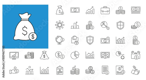 A collection of financial icons representing money investment security and various economic concepts visually