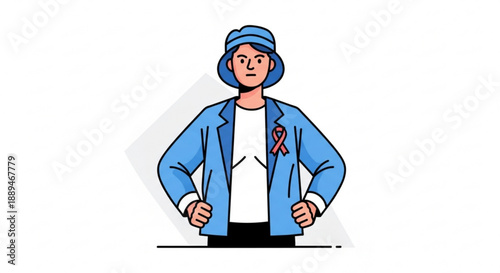 Confident man wearing blue jacket and red awareness ribbon standing strong