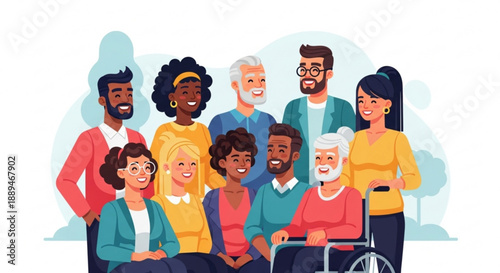 Diverse group of people smiling together outdoors with wheelchair