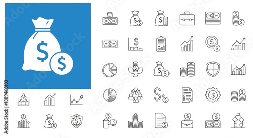 A collection of financial icons depicting money savings investments and economic growth are visually displayed