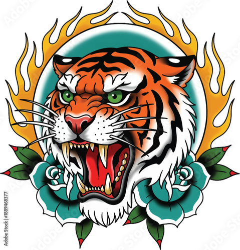 Aggressive Tiger Head Tattoo Design Illustration.