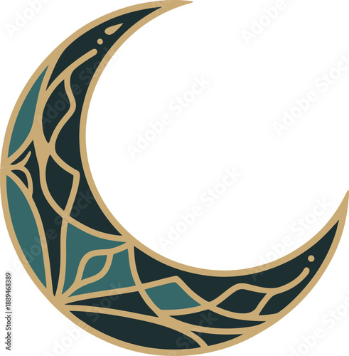 Crescent Moon Illustration with Teal and Gold Geometric Pattern