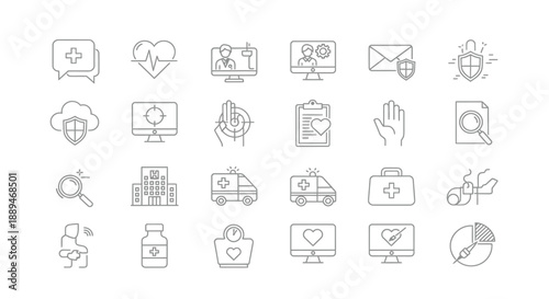 A collection of minimalist line icons representing healthcare medical technology and patient care services