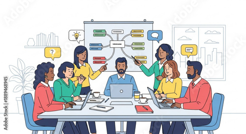 Diverse team collaborating around a table with laptops and whiteboard