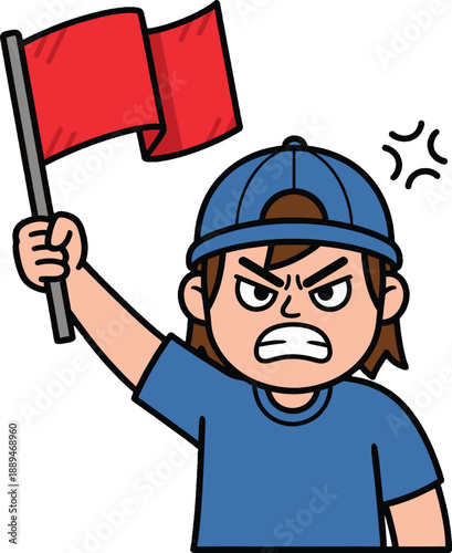 Angry Cartoon Man Holding Red Flag.