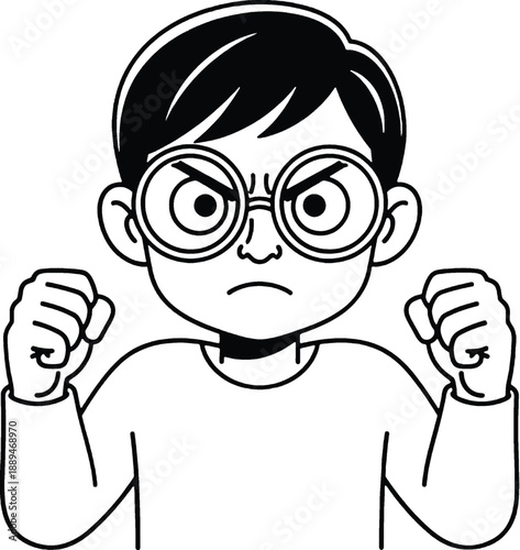 Angry Cartoon Boy with Glasses Frowning.