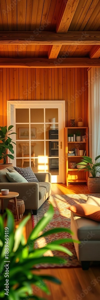 Fototapeta premium Cozy, inviting home interior with warm lighting and comfortable furniture evokes a sense of belonging and security, architecture, private