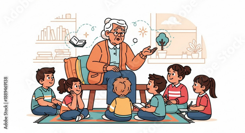 Elderly woman teaches children in classroom setting with colorful rug and educational props