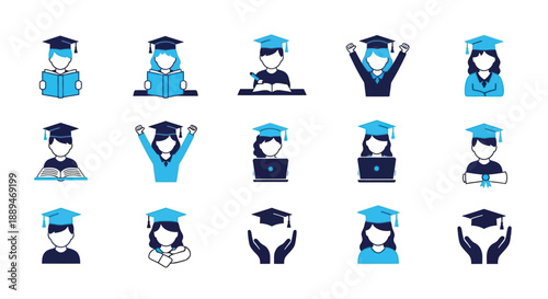 A collection of diverse graduation icons depicting students celebrating academic achievements and future prospects