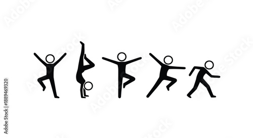 A series of simple black stick figures display diverse human poses and actions in a linear arrangement