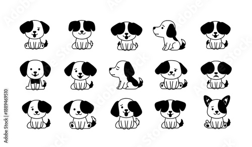 Minimal Cute Dog Doodle Icon Set Flat Puppy Vector Illustration