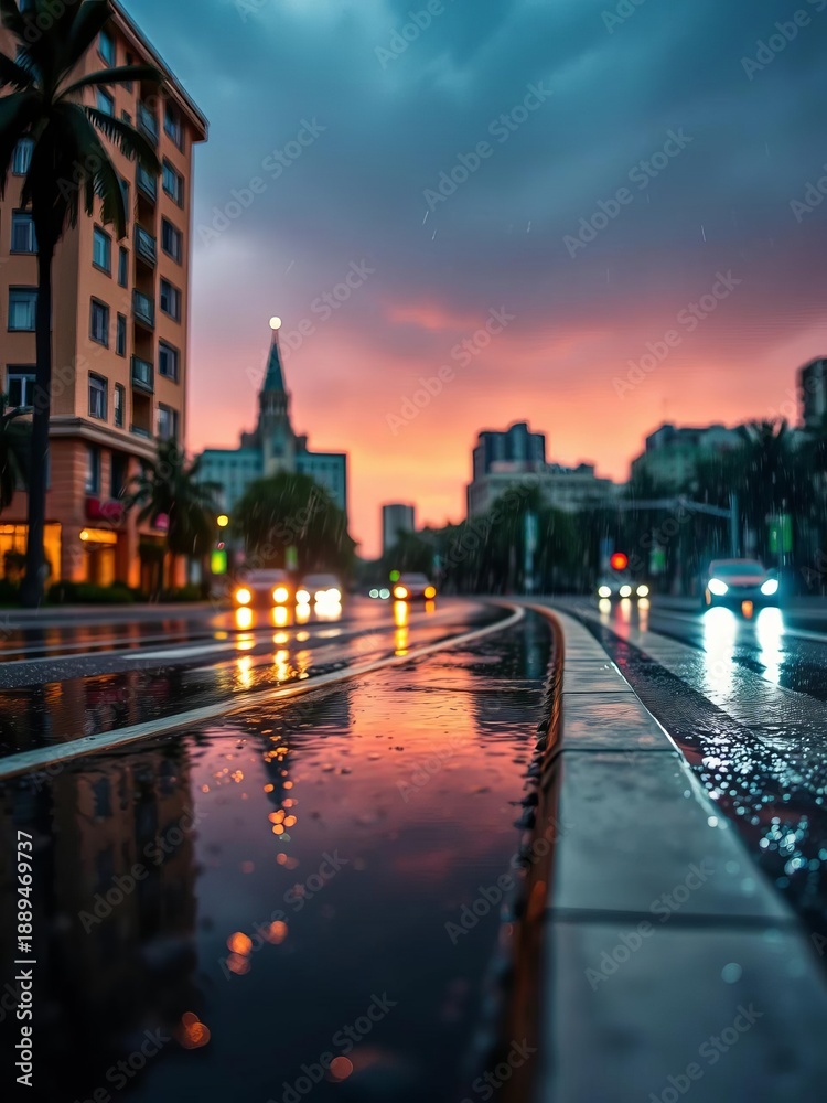 Fototapeta premium Summer city storm in Moscow, tropical deluge with strong, fresh water droplets and road puddles reflecting the sky, Moscow rain, fresh water