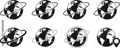 Set of black world globe icons with airplane flying around and location pin marker, isolated on a plain white background