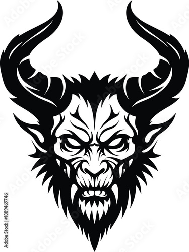 Black and White Devil Illustration with Horns.