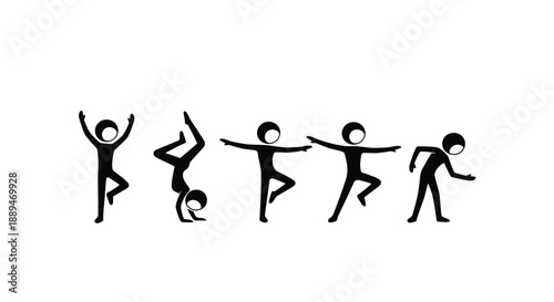 A series of simplistic black stick figures depicting various human poses and actions in a row