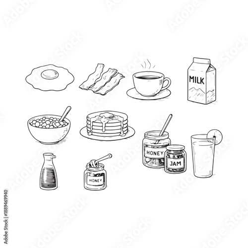 Breakfast items hand drawn sketch illustrations for morning cooking