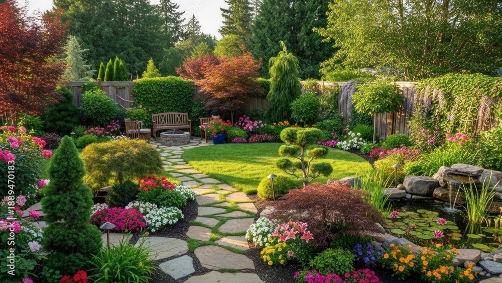 Obraz premium A vibrant, lush garden with a variety of plants and flowers, including a variety of trees and shrubs, a pathway, and a wooden fence.